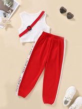 Young Girl Sporty Solid Color Vertical Striped Vest And Letter Printed Waist-Tied Colorblock Jogger Pants Outfit With Bag